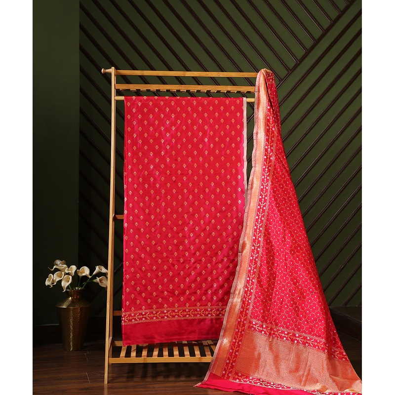 Rani Pink Handloom Jamdani Pure Katan Silk Banarasi Suit Set with Cutwork Booti