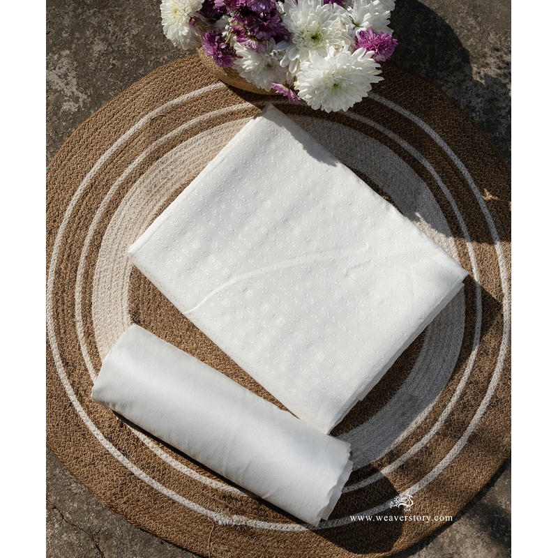 White Handloom Cotton Silk Tanchoi Menswear Kurta And Pants Fabric
