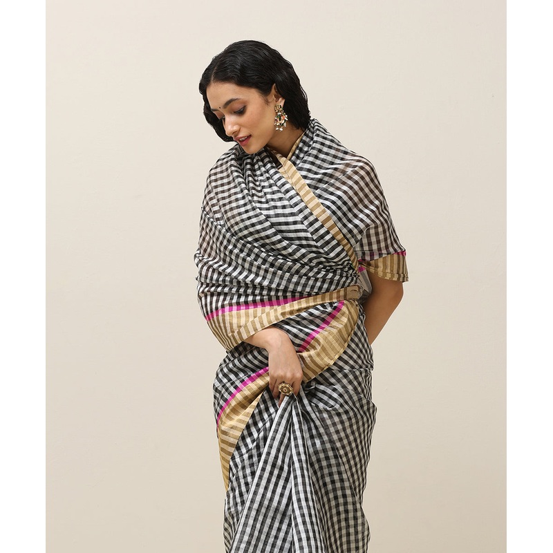 Black And White Handloom Checks Pure Silk Chanderi Saree With Golden Border
