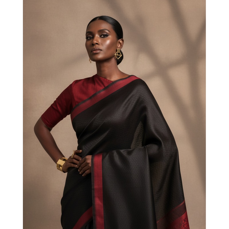 Black Herringbone WATERMARK Tanchoi Handwoven Kora Silk Banarasi Saree