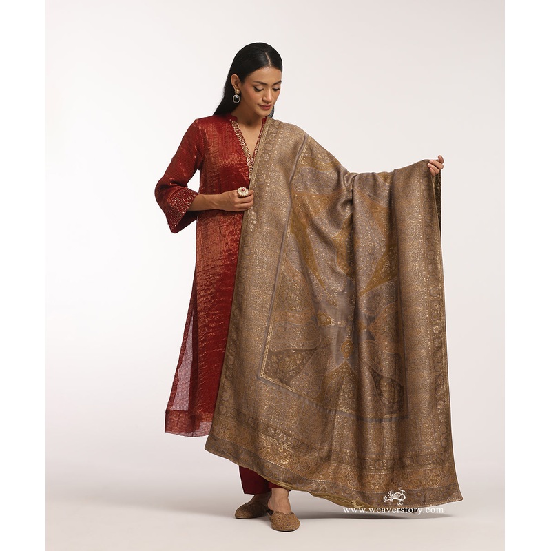 Olive and Beige Handwoven Pure Cashmere Wool Doshala With Mughal Border And Green Tissue Finishing