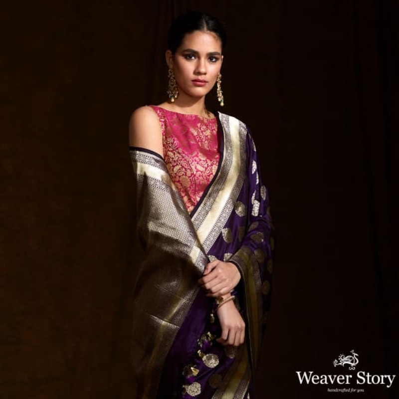 Purple katan silk saree with zari motifs