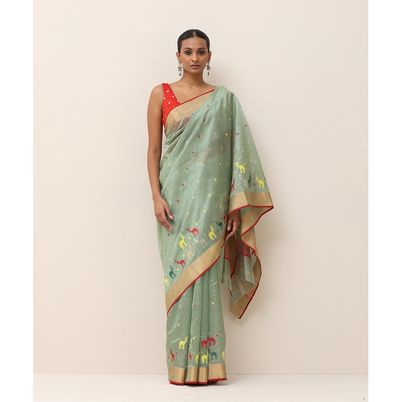 Sage Green Handloom Pure Silk Chanderi Saree With Multicolor Deer Motifs