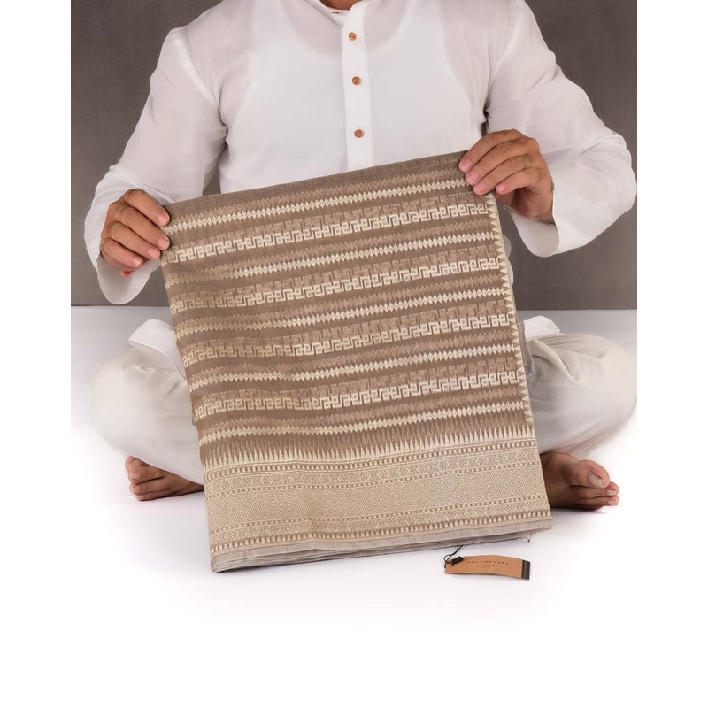Stone Gray Banarasi Light Gold Zari Ornament Stripes Cutwork Brocade Woven Art Cotton Silk Saree