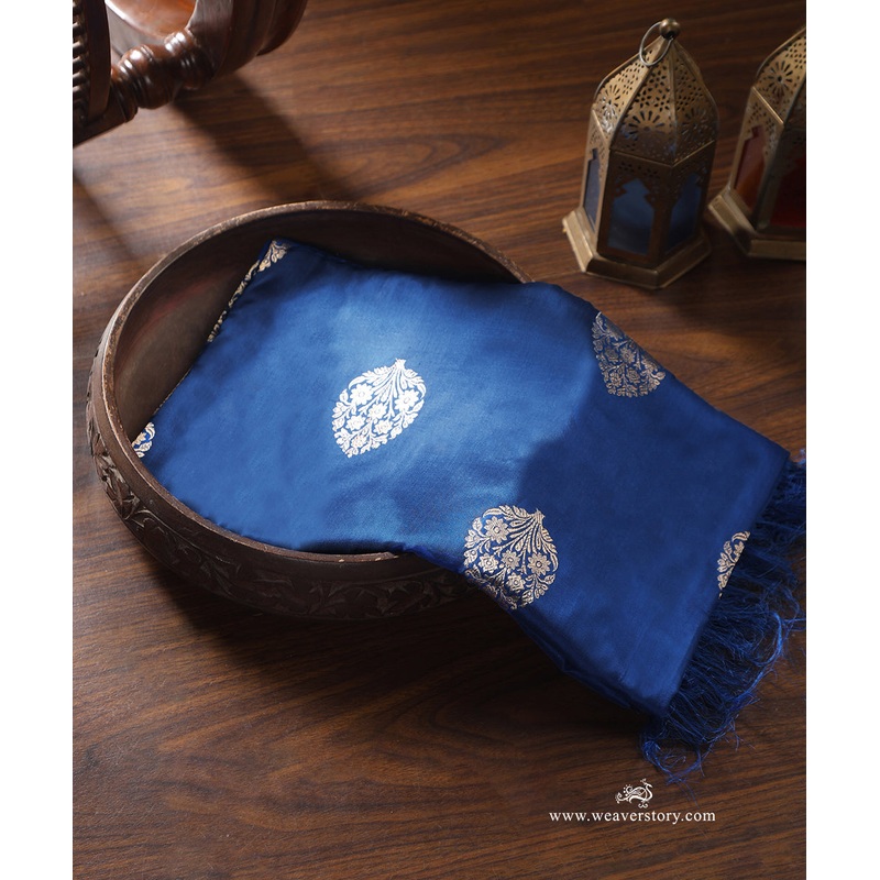 Electric Blue Handloom Pure Katan Silk Banarasi Dupatta With Guldasta Motif Kadhwa Boota And Saffron Border