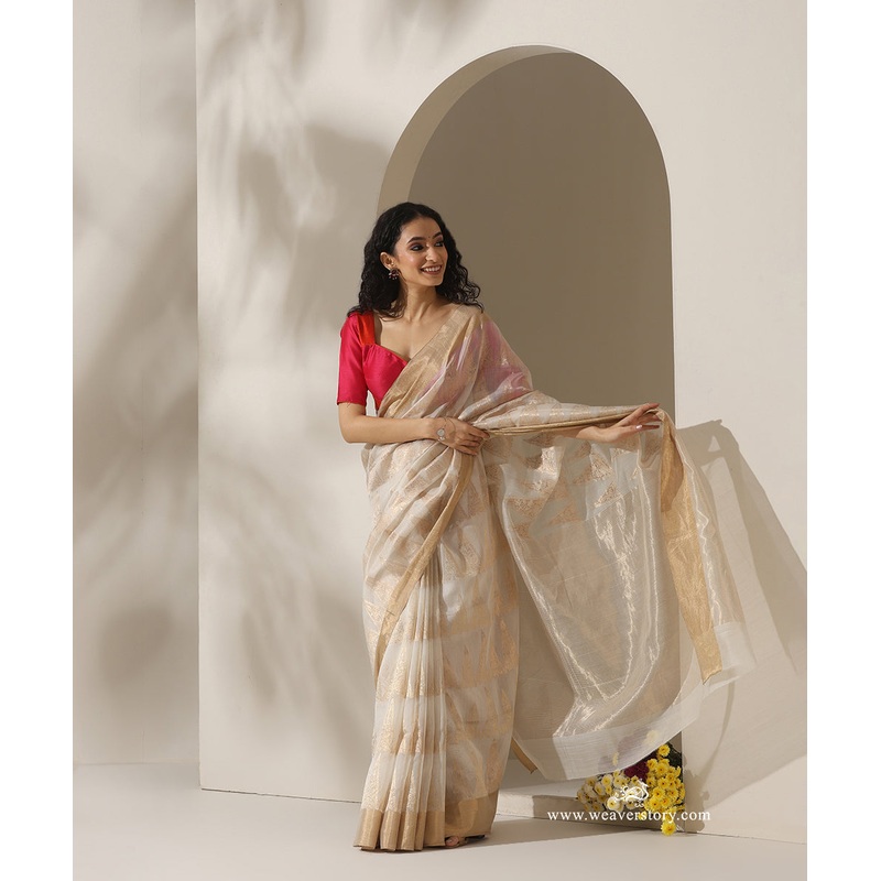 White Handloom Pyramid Motif Jaal Cotton Silk Chanderi Saree