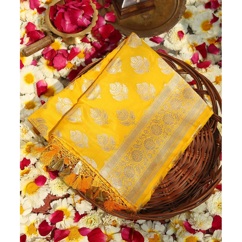 Yellow Handloom Pure Katan Silk Banarasi Dupatta with Cutwork Booti