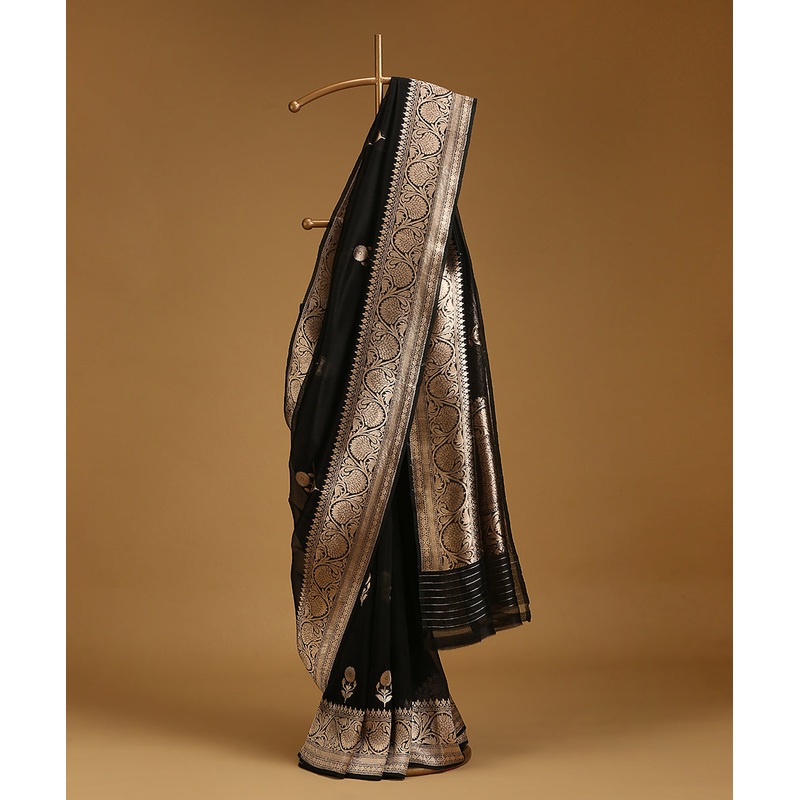 Black Handloom Pure Kora Silk Banarasi Saree With Gold Zari Border