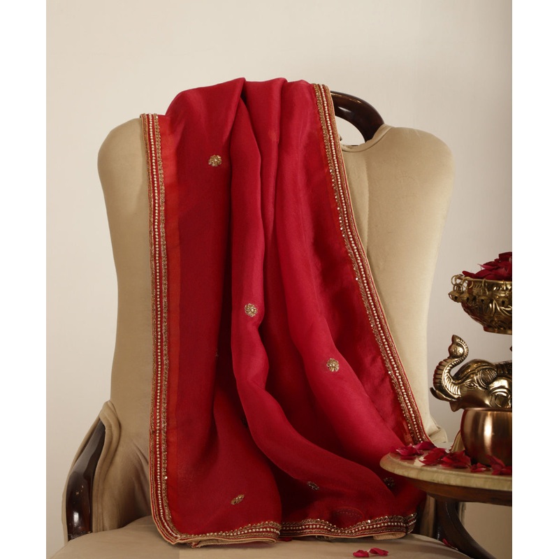 Blush Red Handloom Organza Dupatta With Zardozi Embroidery