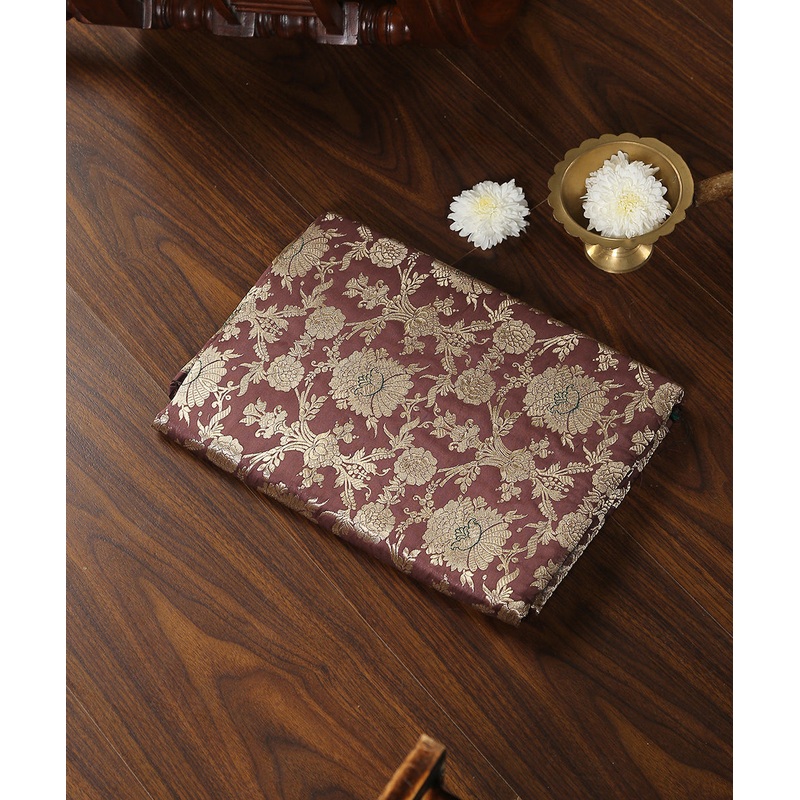Brown Handloom Pure Katan Silk Banarasi Fabric With Odhna Jaal