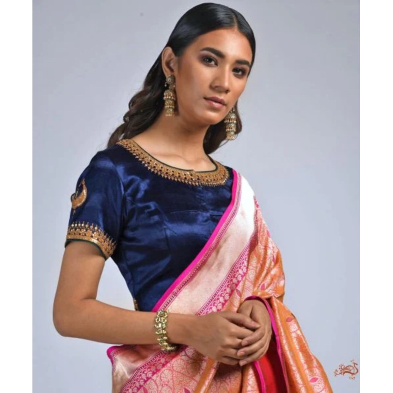 Dark Blue Gajji Silk Blouse with Marori Work