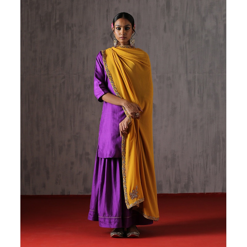 Mustard Hand Embroidered Georgette Dupatta With Firoza Bel