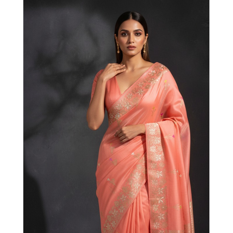 Peach Banarasi Sona Rupa Tuberose Floral Buta Kadhuan Brocade Handwoven Katan Silk Saree