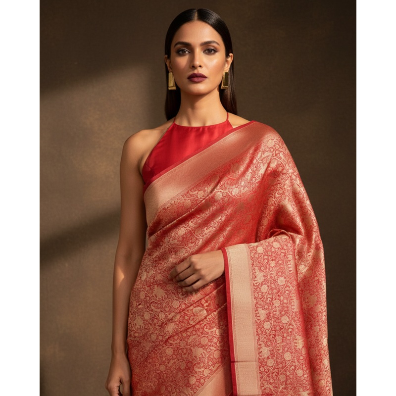 Red Banarasi Elephant Deer Peacock & Maharaja Shikargah Brocade Handwoven Katan Silk Saree