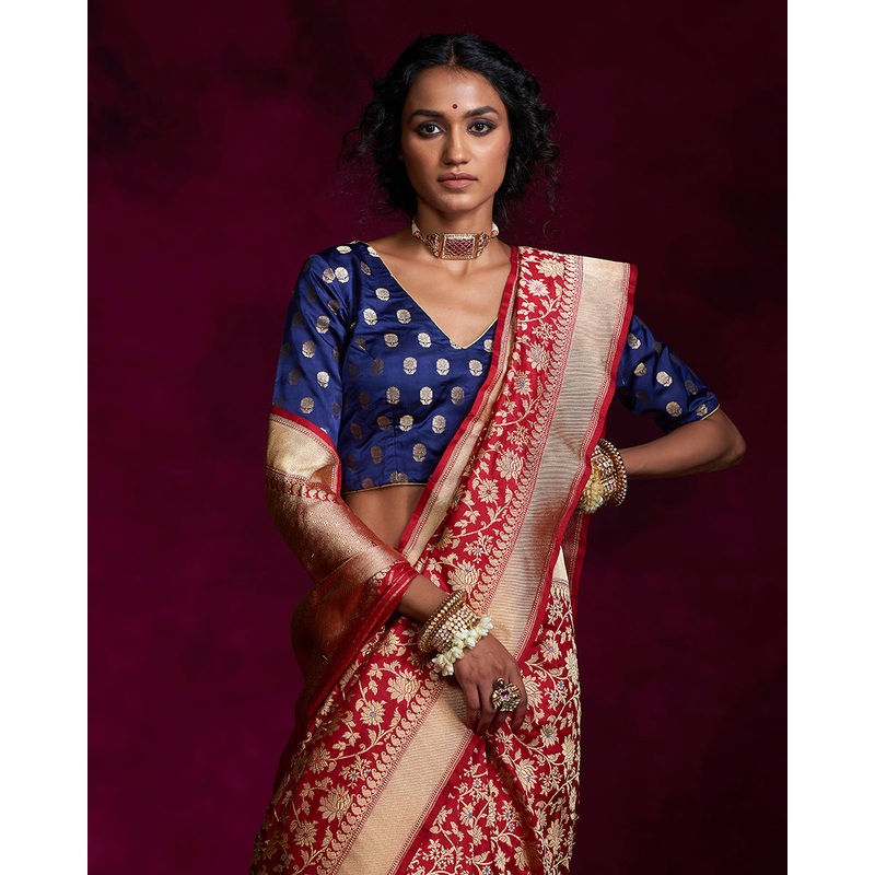 Red Handloom Kadhwa Banarasi Saree with Meenakari and Jangla Design