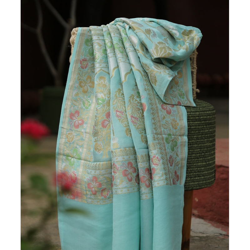 Seafoam Green Handloom Pure Georgette Banarasi Dupatta With Sona Rupa Jaal