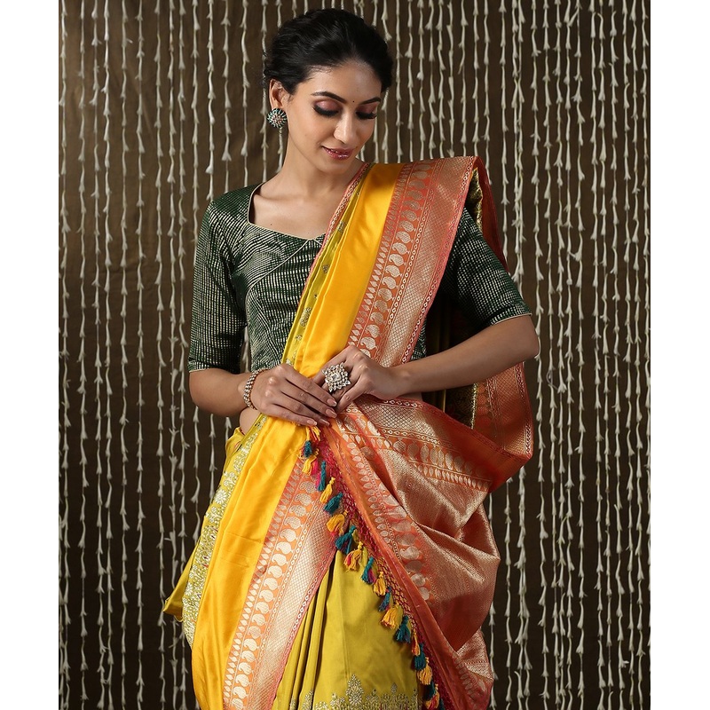 Yellow And Green Handloom Kadhwa Rangkaat Banarasi Saree