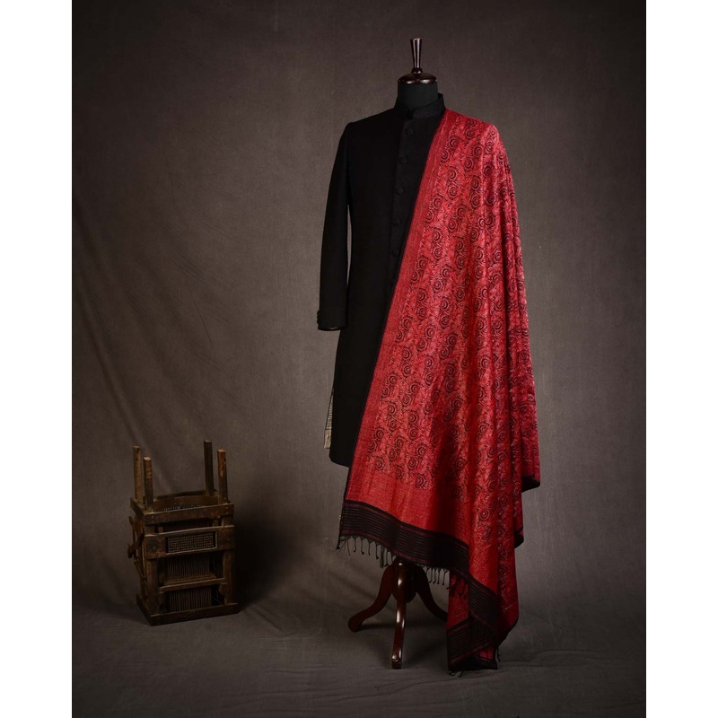 Black & Metallic Red Morpankh Brocade Handwoven Silk Wool Unisex Dress Shawl