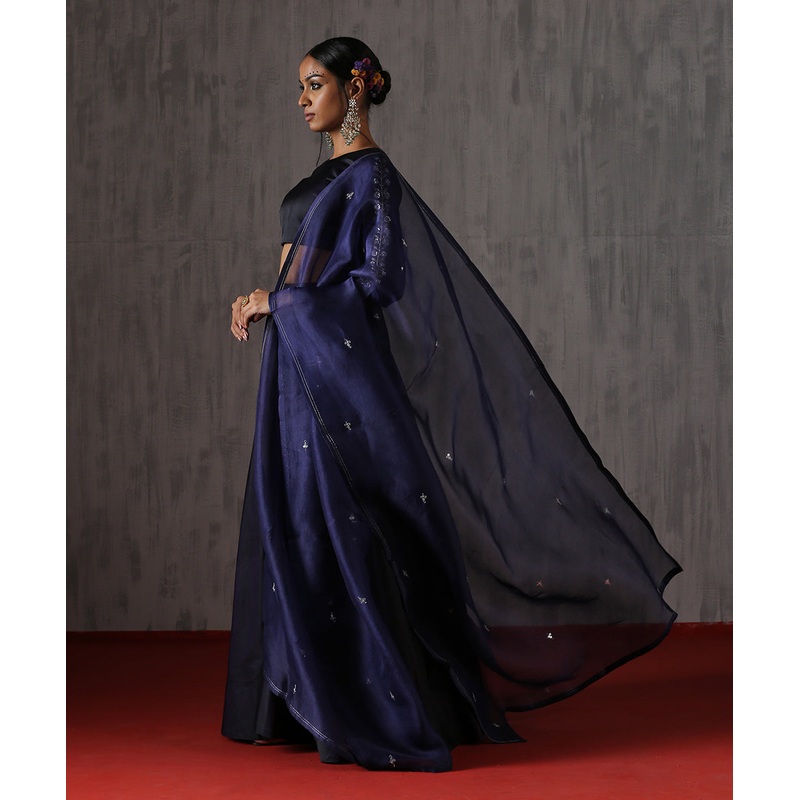Handwoven Organza Dupatta In Blue With Zardozi Hand Embroidered Motifs