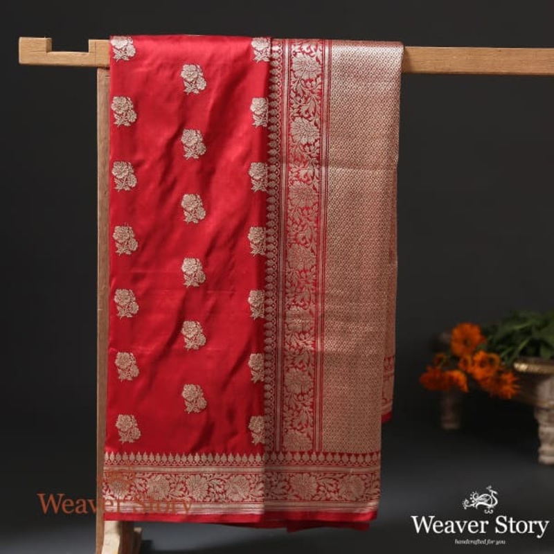 Handwoven Red Banarasi Dupatta with Kadhwa Gulaab Boota