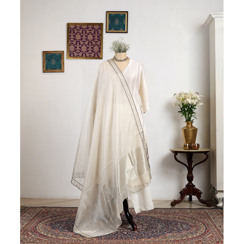 Off White Handloom Pure Tissue Chanderi Dupatta With Thin Brown Lining Border