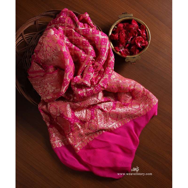 Pink Handloom Pure Georgette Banarasi Bandhej Dupatta