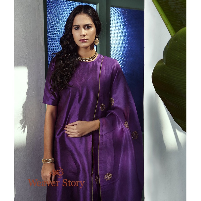Purple Pure Silk Suit with Hand Embroidered Dupatta