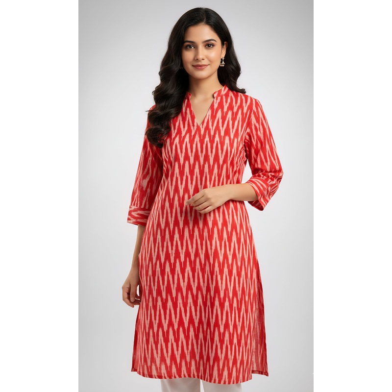 Red - IKAT WEAVE COTTON LONG KURTA 07