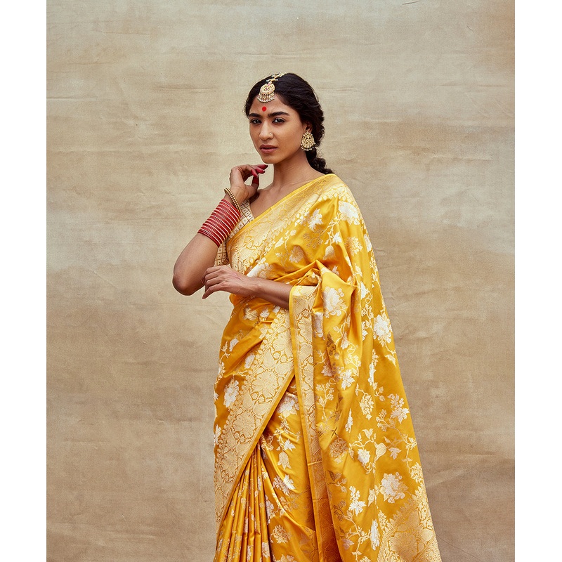 Yellow Handloom Pure Katan Silk Banarasi Saree with Floral Jaal