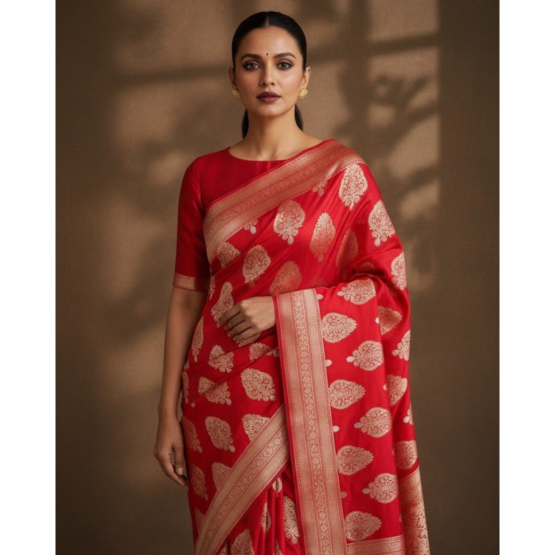 Bridal Red Banarasi Alfi Sona Rupa Buta Cutwork Brocade Handwoven Katan Silk Saree