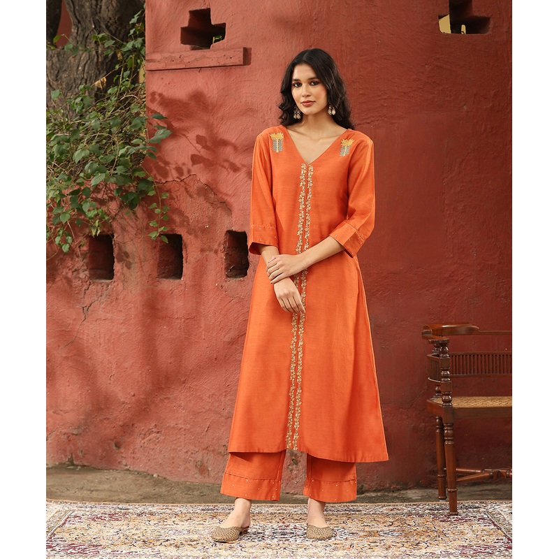 Burnt Orange Embroidered Pure Chanderi Silk Kurta With Pants
