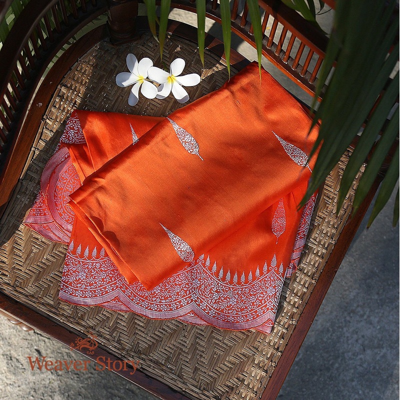 Handloom Orange Banarasi Dupatta with Scalloped Borders