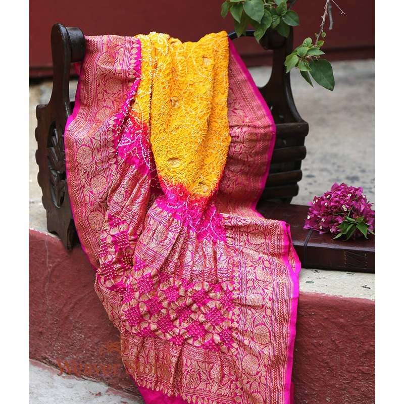 Handloom Yellow Pink Kadhwa Bandhej Dupatta