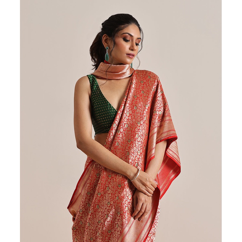 Red Handloom Pure Katan Silk Kimkhab Banarasi Saree With Green Meenakari
