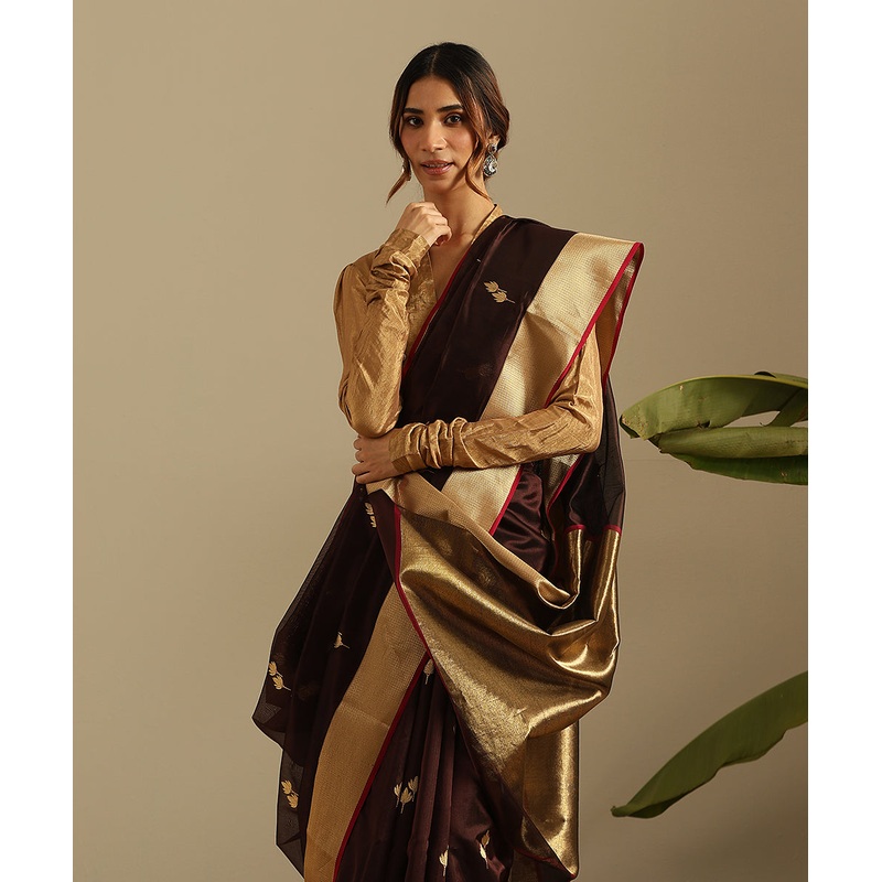 Coke Brown Handloom Pure Silk Chanderi Saree With Twin Flower Motifs And Zari Border