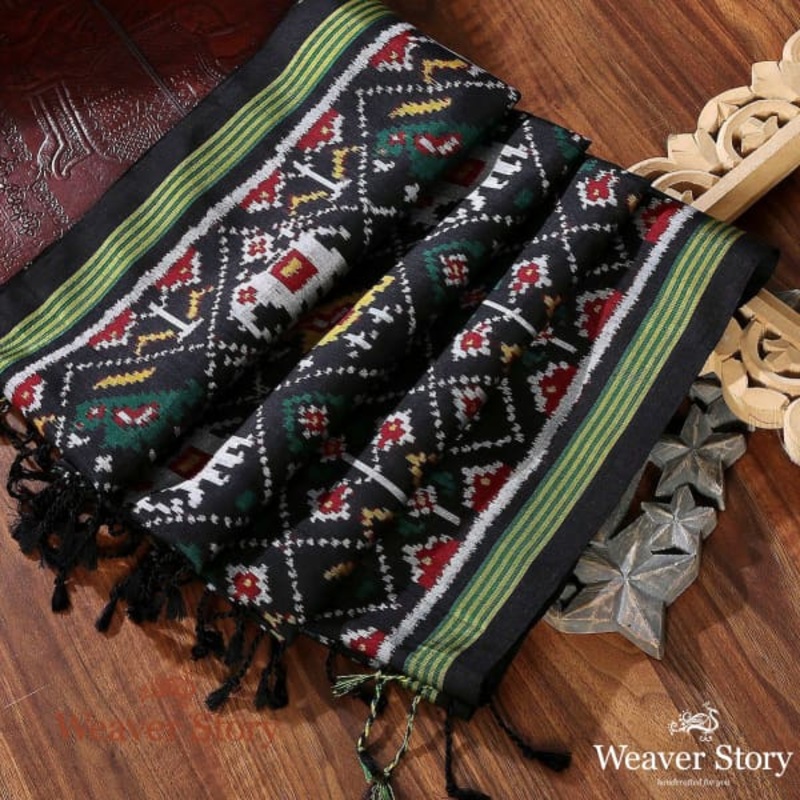 Handwoven Black Patola Duaptta with Elephant Motifs
