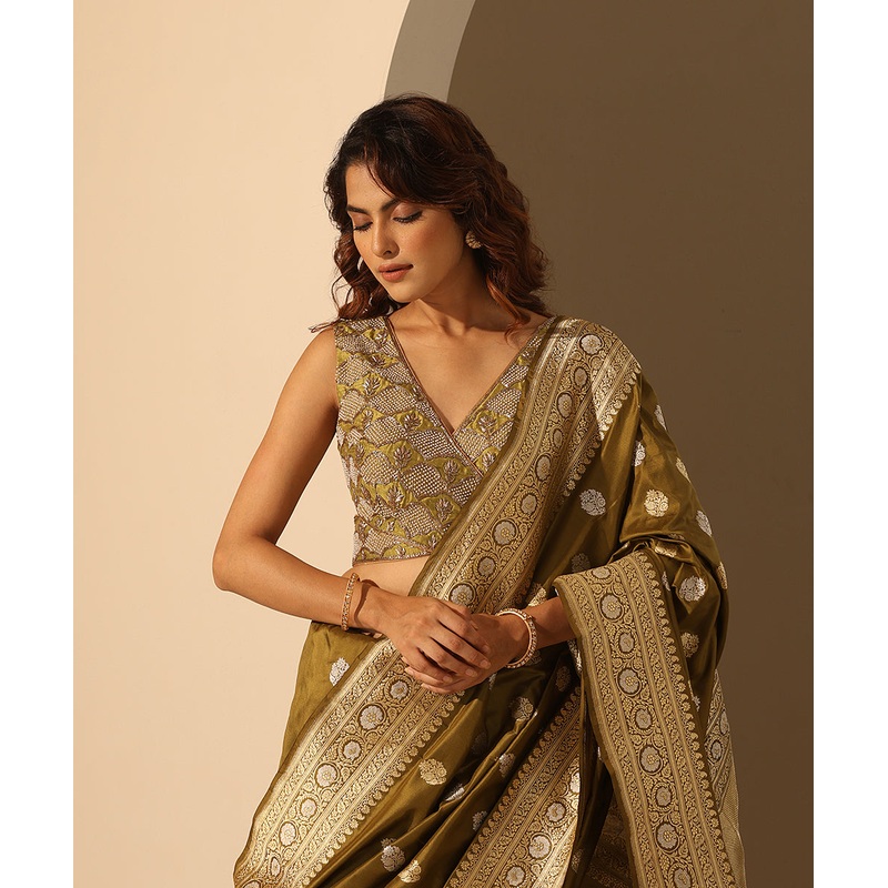 Henna Green Hand Embroidered Raw Silk Blouse With Trellis Pattern Zardozi