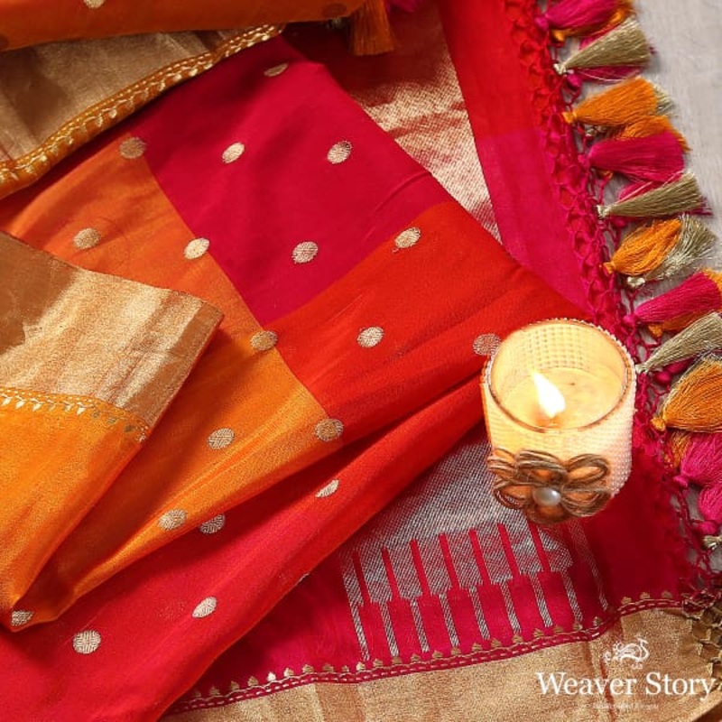 Red and Orange Dual Tone Dupatta in Katan Georgette with Asharfi Boota