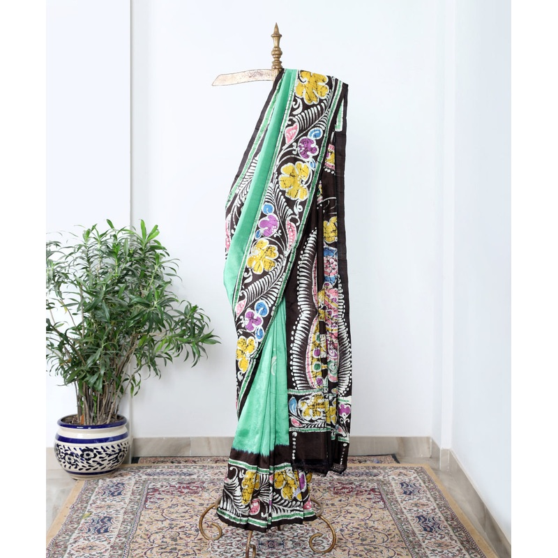Sea Green And Black Handloom Hand Batik Pure Mulberry Silk Saree