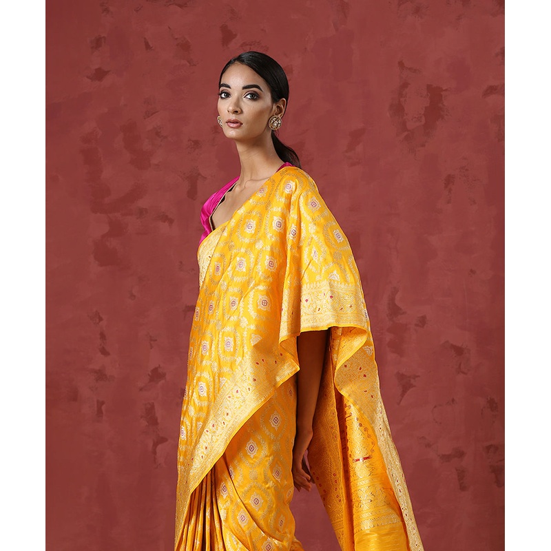 Yellow Handloom Pure Katan Silk Banarasi Saree with Meenakari