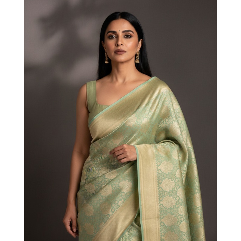 Earthy Green Dual Tone Gold Zari Damask Jaal Cutwork Brocade Handwoven Katan Silk Banarasi Saree