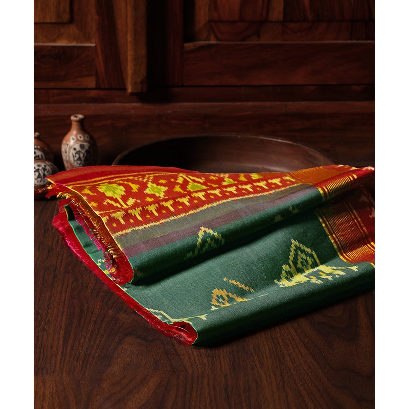 Handloom Green Pure Mulberry Ikat Patola Dupatta With Pink And Gold Tissue Border
