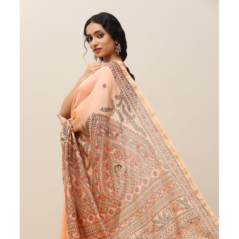 Peach Handloom Chanderi Handpainted Madhubani Saree With Traditional Motifs -Pre Order