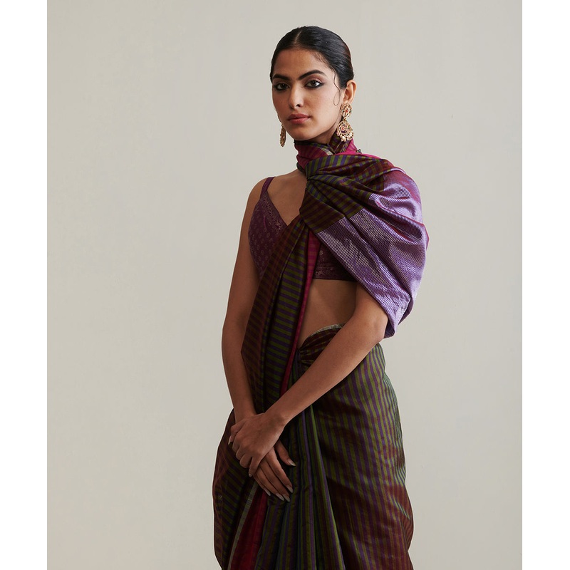 Purple And Green Handloom Pure Chanderi Silk Saree With Stripes And Big Border