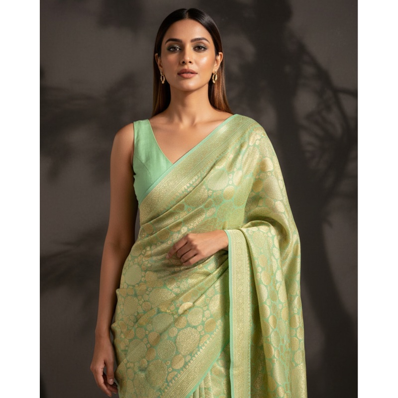 Sage Green Gold Zari Spheres Brocade Handwoven Khaddi Georgette Banarasi Saree
