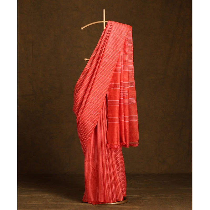 Deep Orange Handloom Pure Kosa Silk Striped Saree