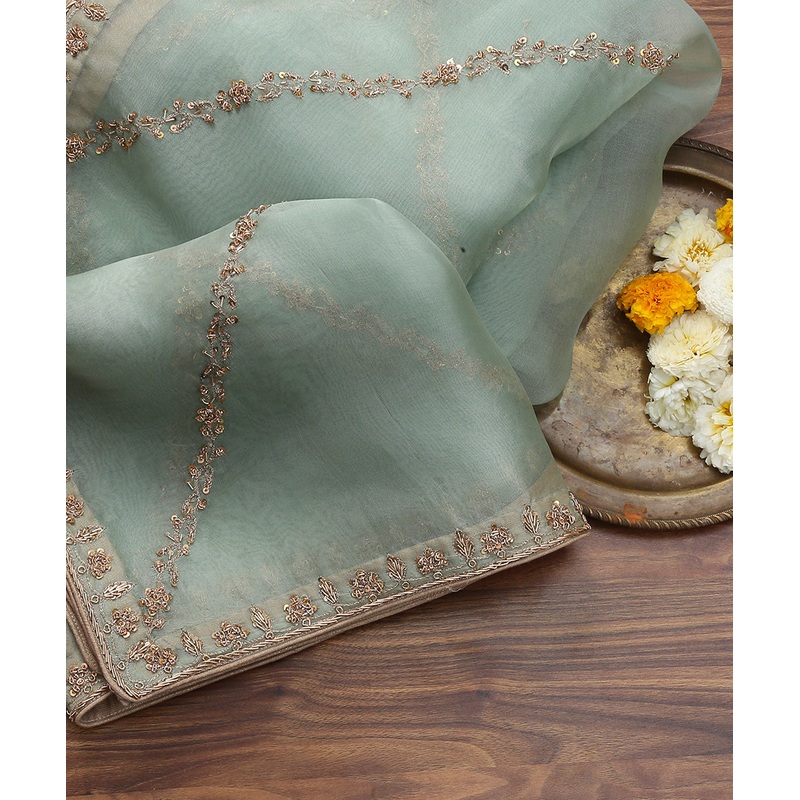 Pista Green Handloom Organza Dupatta with Hand embroidery Zardozi Aadi Line