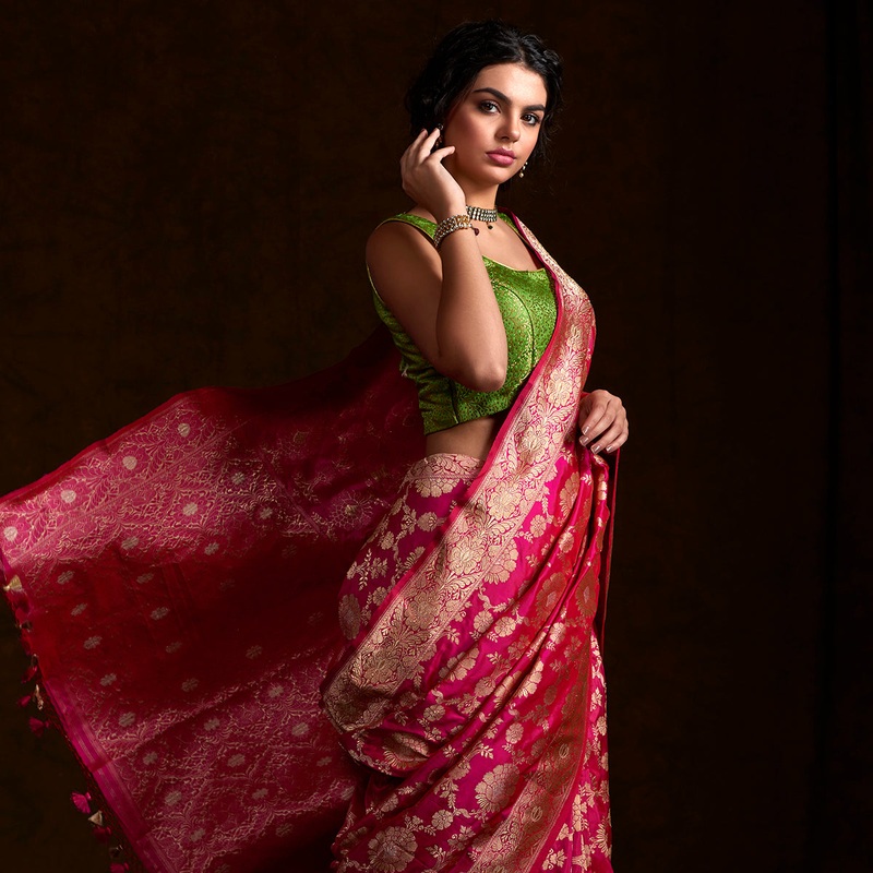 Rani Pink Banarasi Handloom Kadhwa Jangla Woven in fine Katan Silk