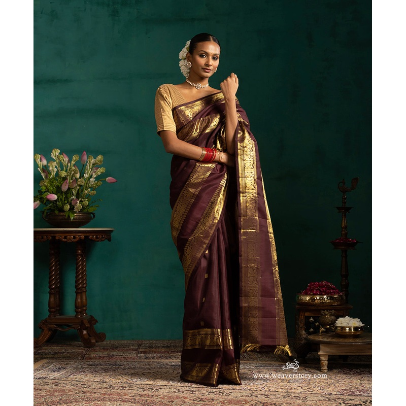 Coke Brown Pure Silk Kanjivaram Saree With Annapakshi And Rudraksh Booti And Annapakshi Border