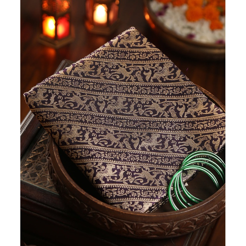 Dark Purple Handloom Pure Katan Silk Shikargah Banarasi Dupatta With Diagonal Bel
